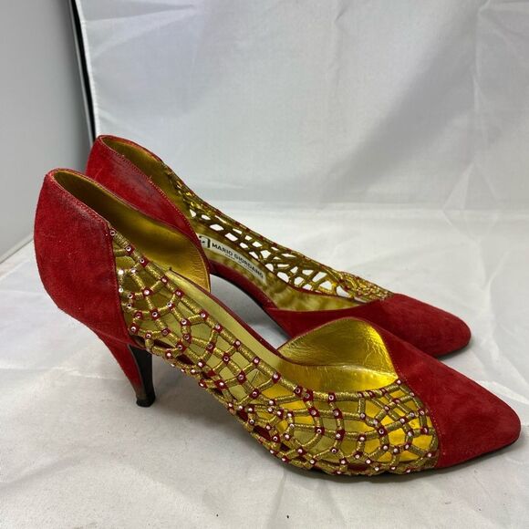 Vintage Mario Giordano Shoes Womens Size 5.5 Red Gold Sling Back 3" Heels - Picture 2 of 8